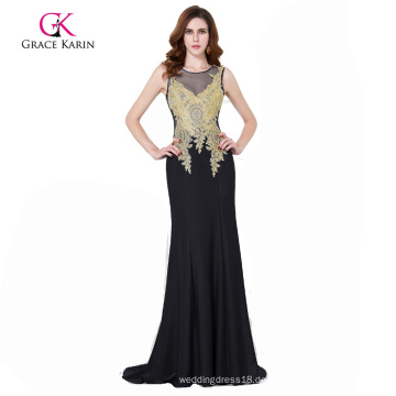 Grace Karin Frauen Goldene Applikationen verschönert formale lange Meerjungfrau schwarze Abendkleider GK000112-1